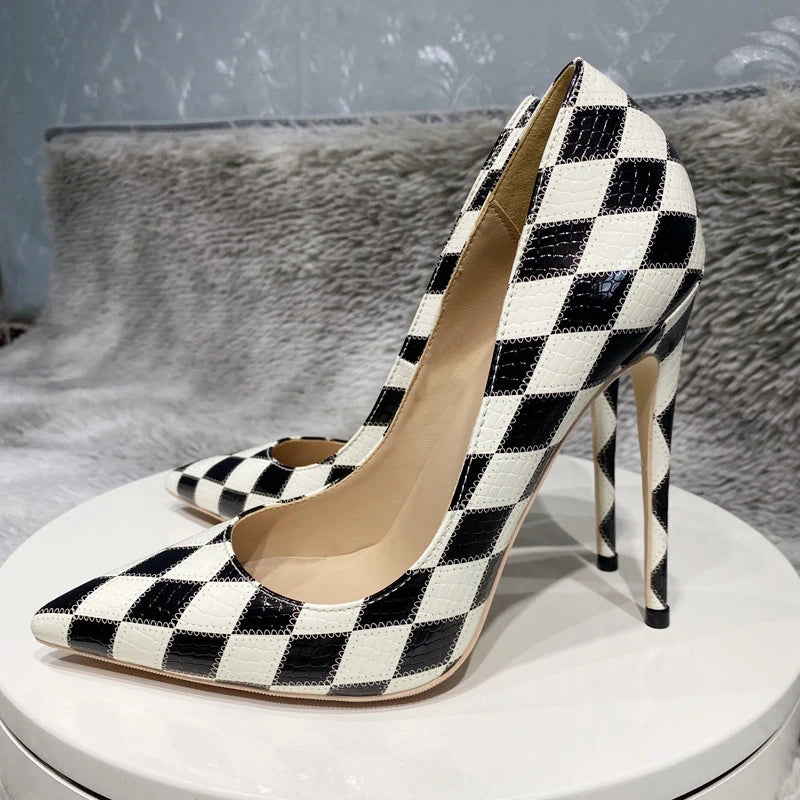 Checkered diamond black and white stiletto heels