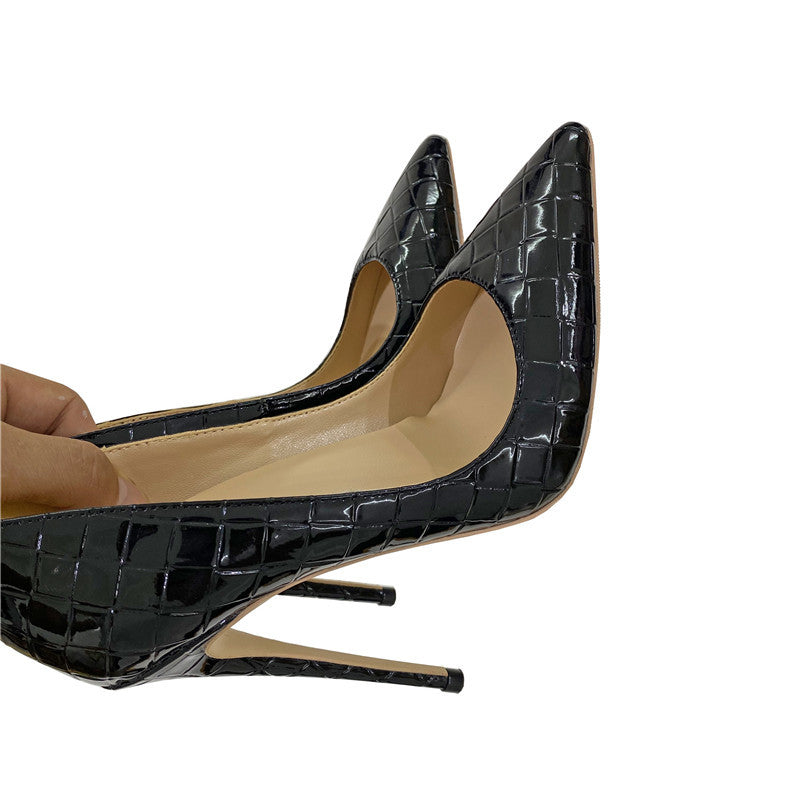Black embossed stiletto heels