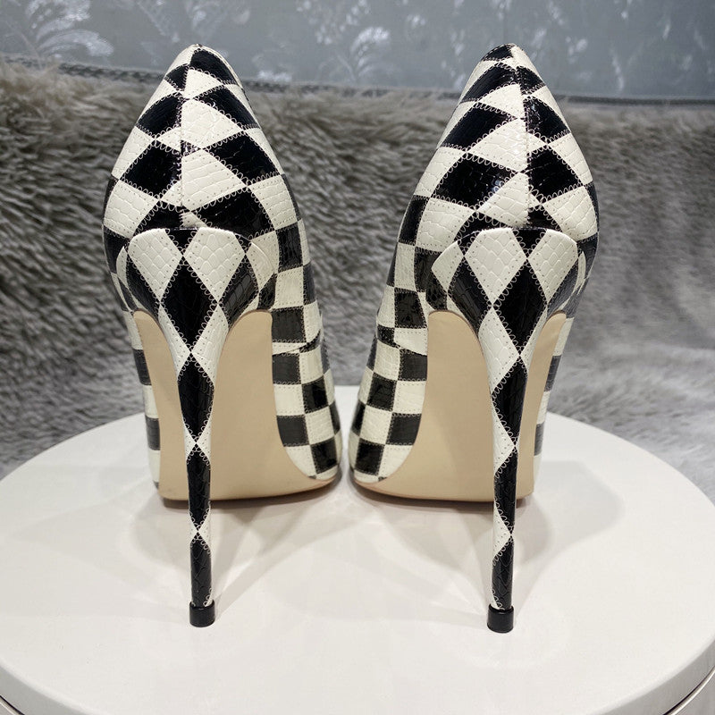 Checkered diamond black and white stiletto heels