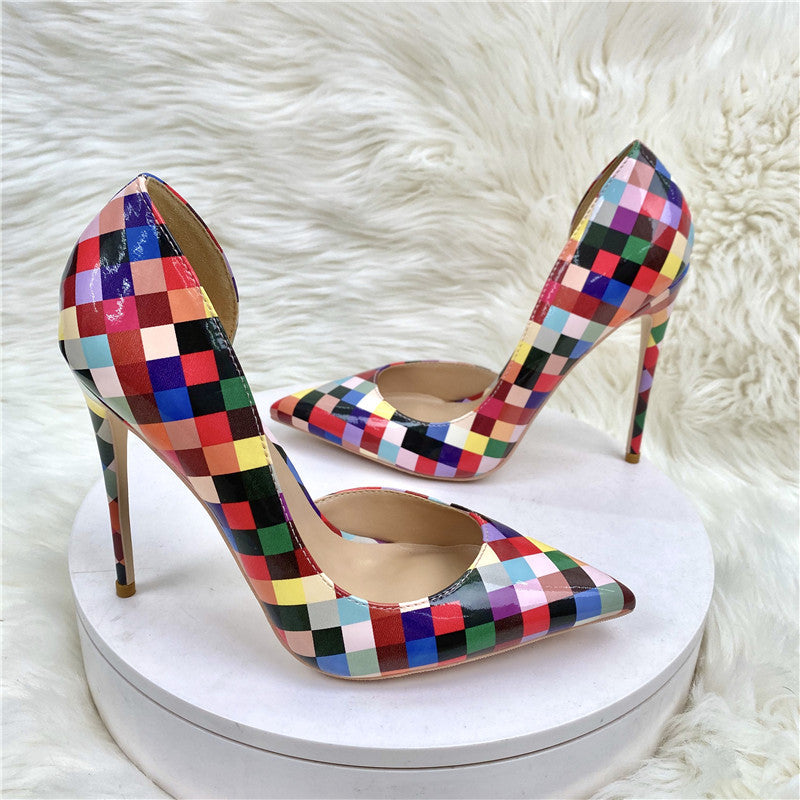 Rainbow chequered stiletto heels