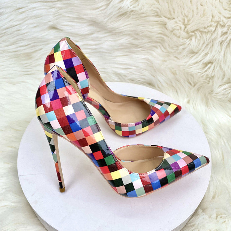 Rainbow chequered stiletto heels