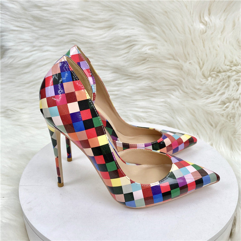 Rainbow chequered stiletto heels